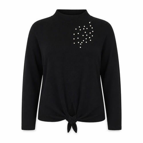 Zara Women Black Mock Neck Beaded Tie Hem Jumper XL