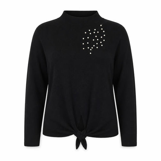 Front view of Zara Women Black Mock Neck Beaded Tie Hem Jumper XL