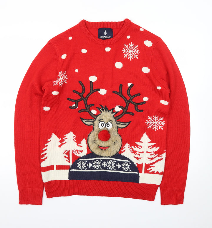 Threadbare Men's Red Christmas Reindeer Jumper Size M Crew Neck Knit