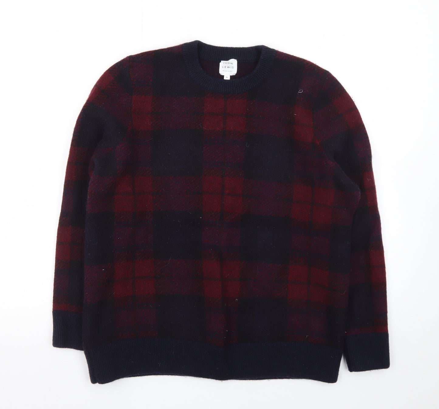 John Lewis Men Red Check Wool Pullover Jumper XL