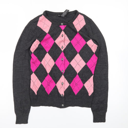 New York & Company Women's Grey Pink Argyle Cardigan S