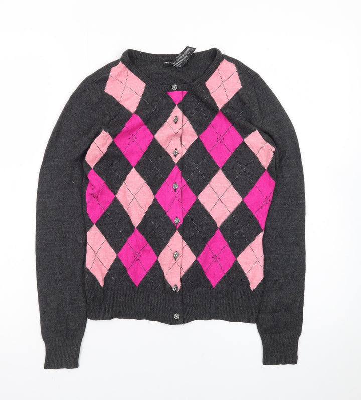New York & Company Women's Grey Pink Argyle Cardigan S