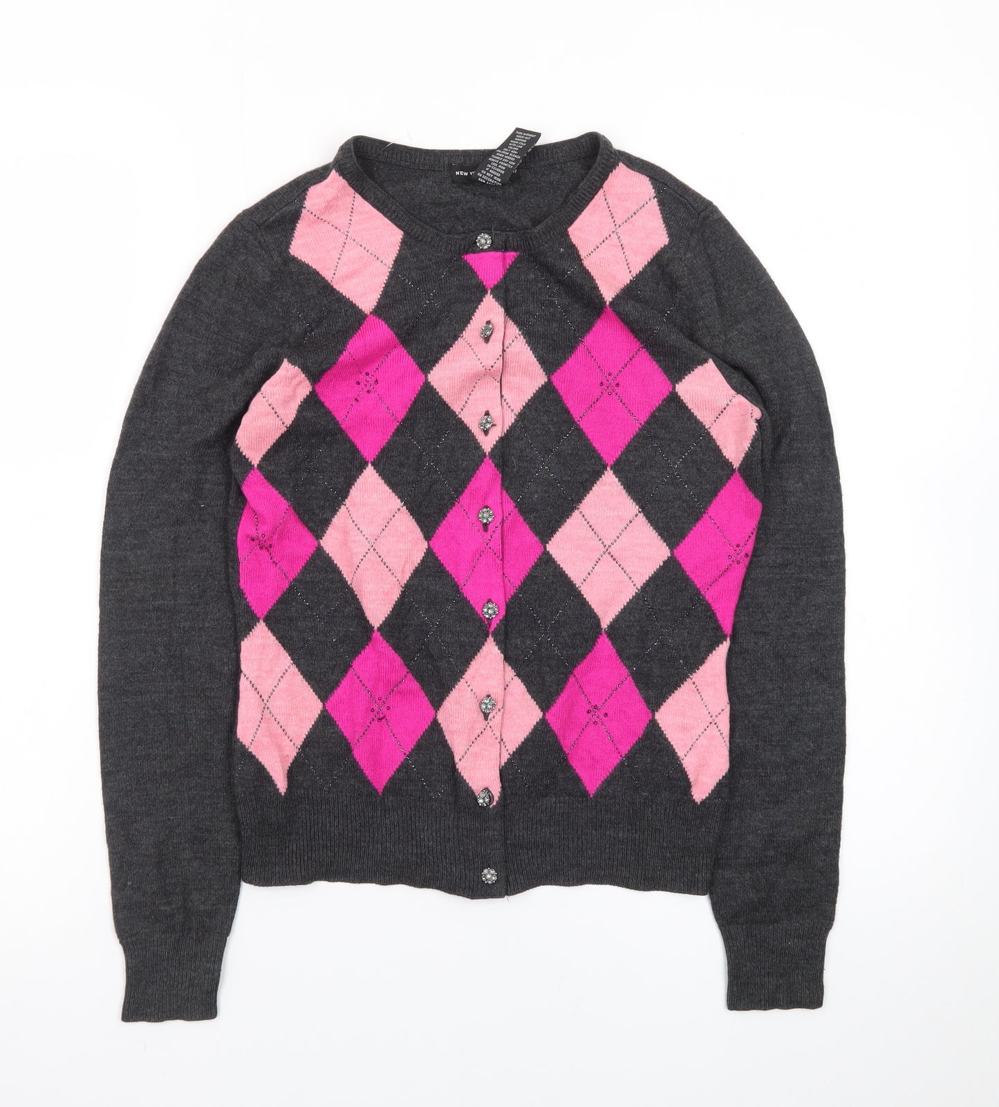 New York & Company Women's Grey Pink Argyle Cardigan S