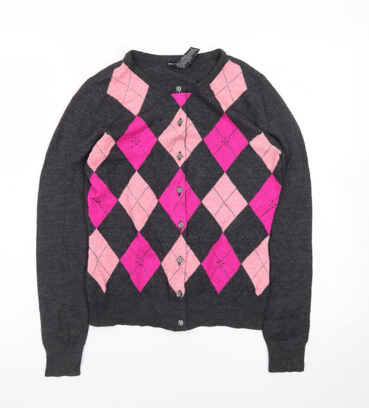 New York & Company Women's Grey Pink Argyle Cardigan S