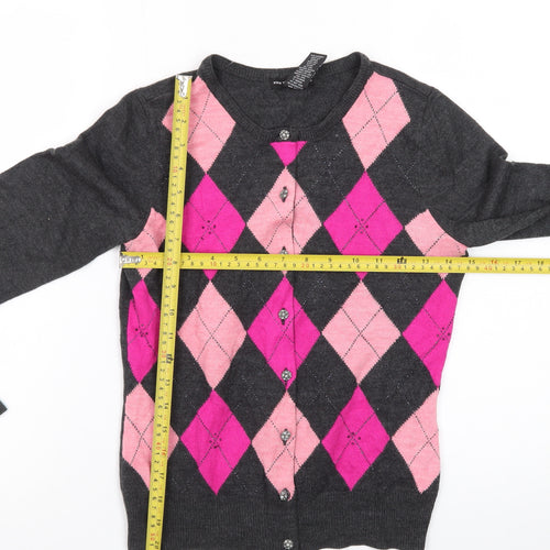 New York & Company Women's Grey Pink Argyle Cardigan S