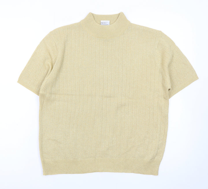 Sag Harbor Petite Women Beige Mock Neck Short Sleeve Pullover M