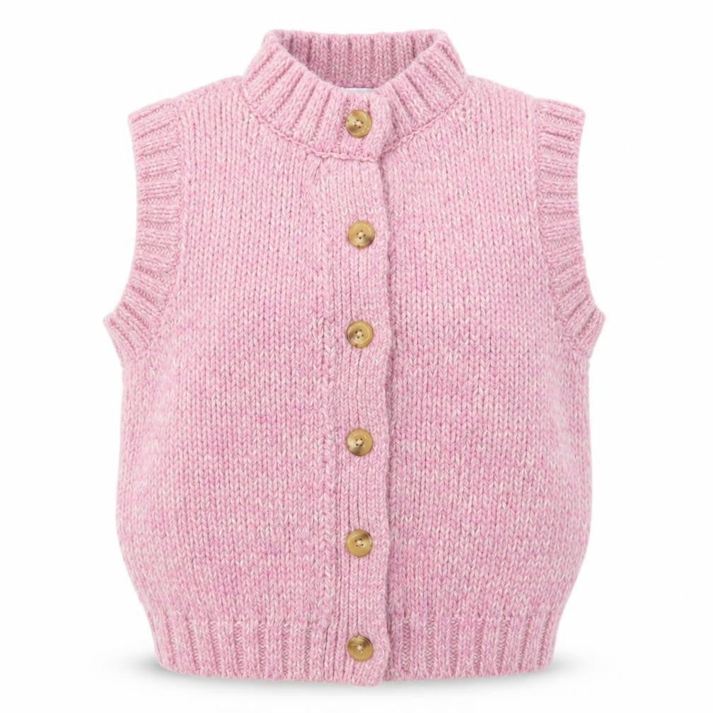 Front view of Topshop Women Pink Knitted Button Front Sleeveless Vest S