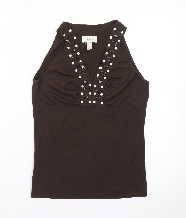 Ann Taylor Loft Womens Brown Studded Halter V-Neck Tank Top S