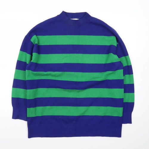 MNG Women's Blue Green Striped Wool Blend Mock Neck Jumper S