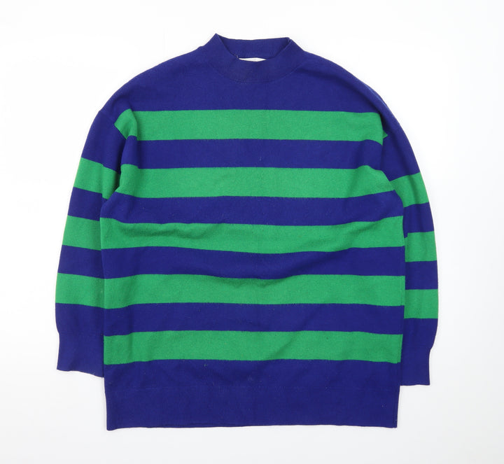 MNG Women's Blue Green Striped Wool Blend Mock Neck Jumper S