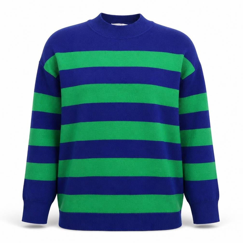 Front view of Mango Women's Blue Green Striped Wool Blend Mock Neck Jumper S