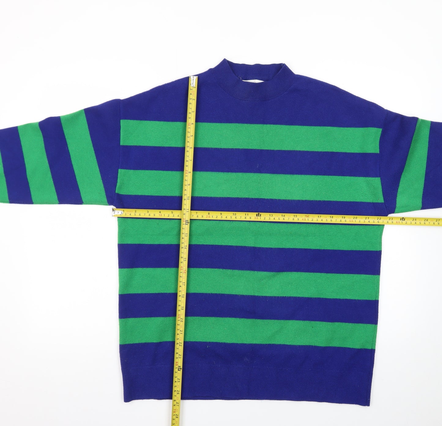 MNG Women's Blue Green Striped Wool Blend Mock Neck Jumper S