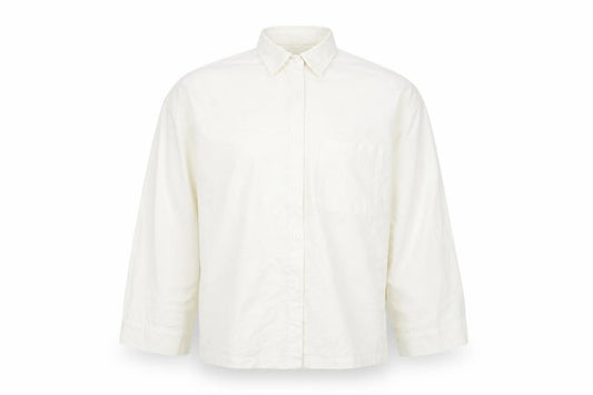 Front view of PRETTYLITTLETHING unisex white long sleeve cotton button-up shirt xs