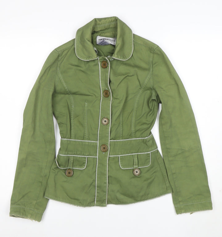 Warehouse Women’s Green Cotton Belted Button Jacket Size 8