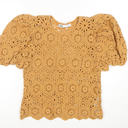 ZARA Women Brown Crochet Puff Sleeve Pullover Jumper L