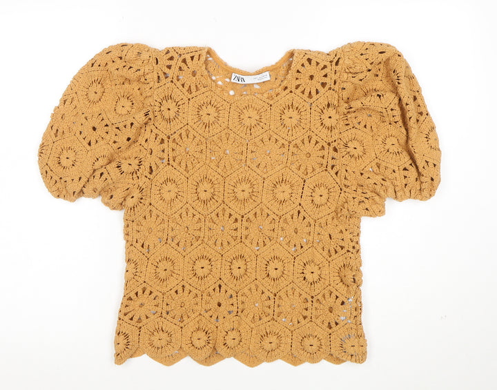 ZARA Women Brown Crochet Puff Sleeve Pullover Jumper L