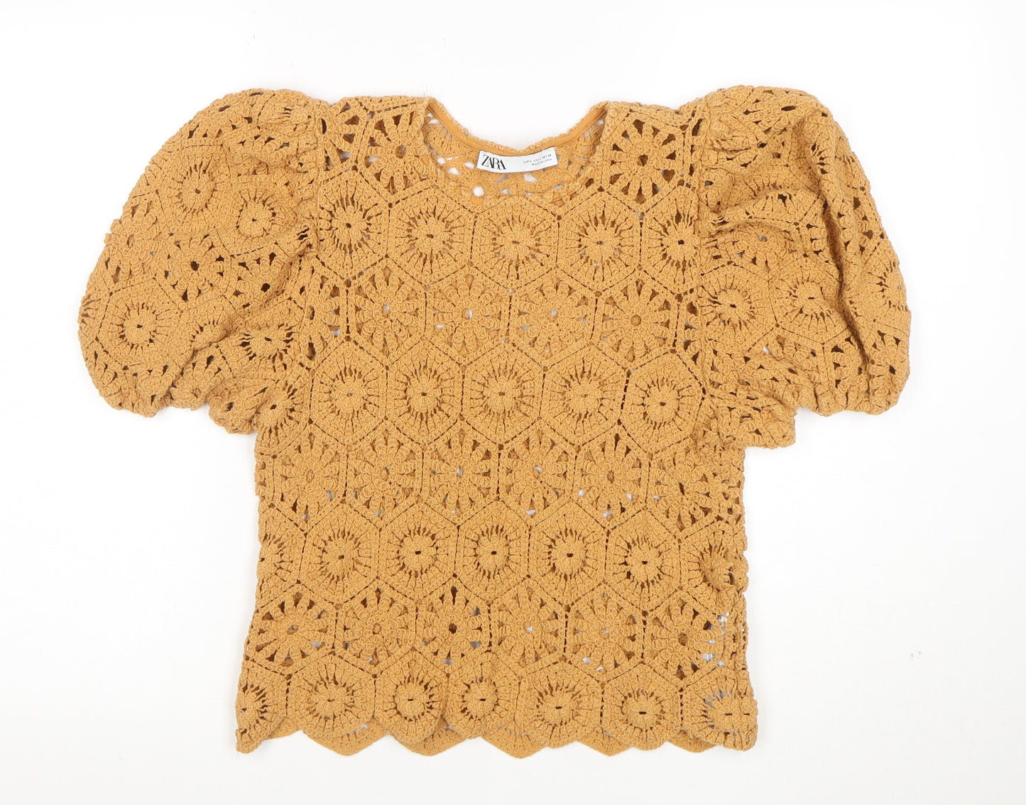 ZARA Women Brown Crochet Puff Sleeve Pullover Jumper L