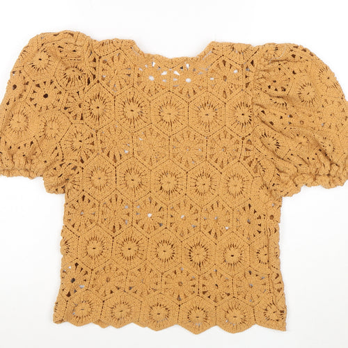 ZARA Women Brown Crochet Puff Sleeve Pullover Jumper L