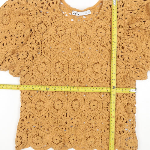 ZARA Women Brown Crochet Puff Sleeve Pullover Jumper L
