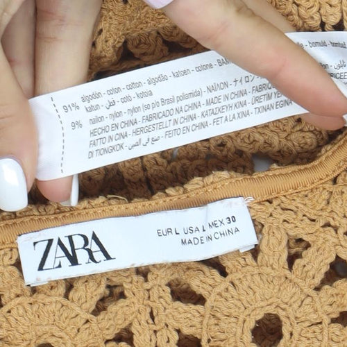 ZARA Women Brown Crochet Puff Sleeve Pullover Jumper L