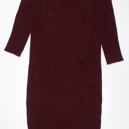 River Island Women Red Knit Jumper Dress Size S Long Sleeve V-Neck