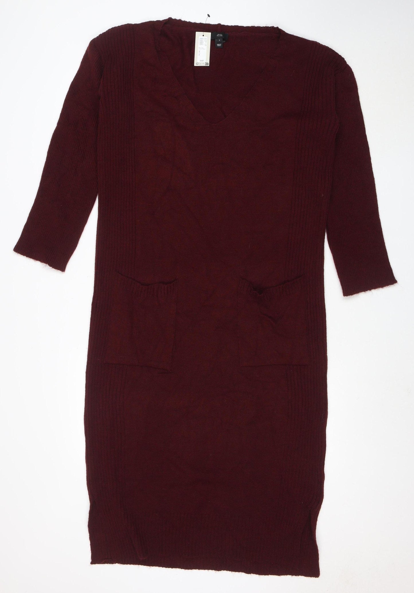 River Island Women Red Knit Jumper Dress Size S Long Sleeve V-Neck