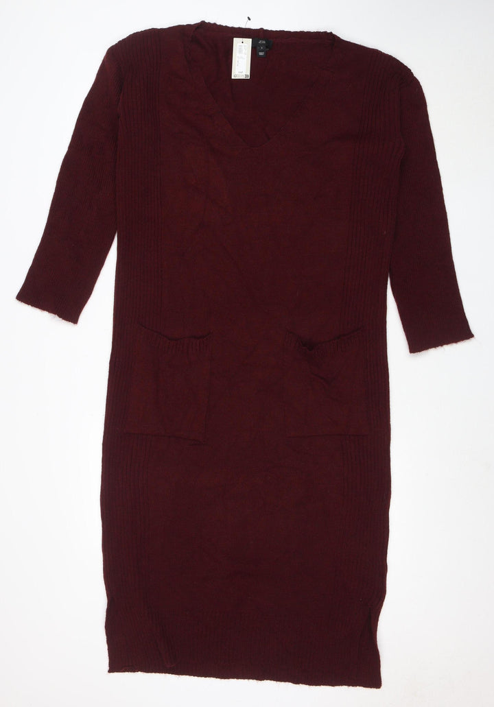 River Island Women Red Knit Jumper Dress Size S Long Sleeve V-Neck