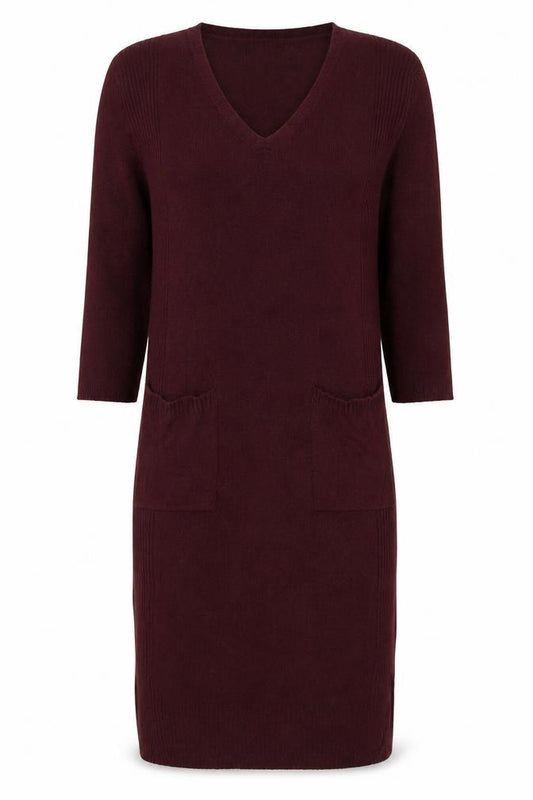 Front view of River Island Women Red Knit Jumper Dress, size S, Long Sleeve V-Neck