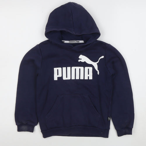 Puma Boys Navy Blue Pullover Hoodie 7-8 Years Logo Print Cotton Blend