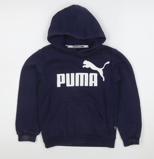Puma Boys Navy Blue Pullover Hoodie 7-8 Years Logo Print Cotton Blend