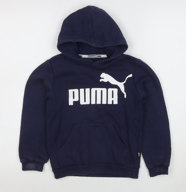 Puma Boys Navy Blue Pullover Hoodie 7-8 Years Logo Print Cotton Blend