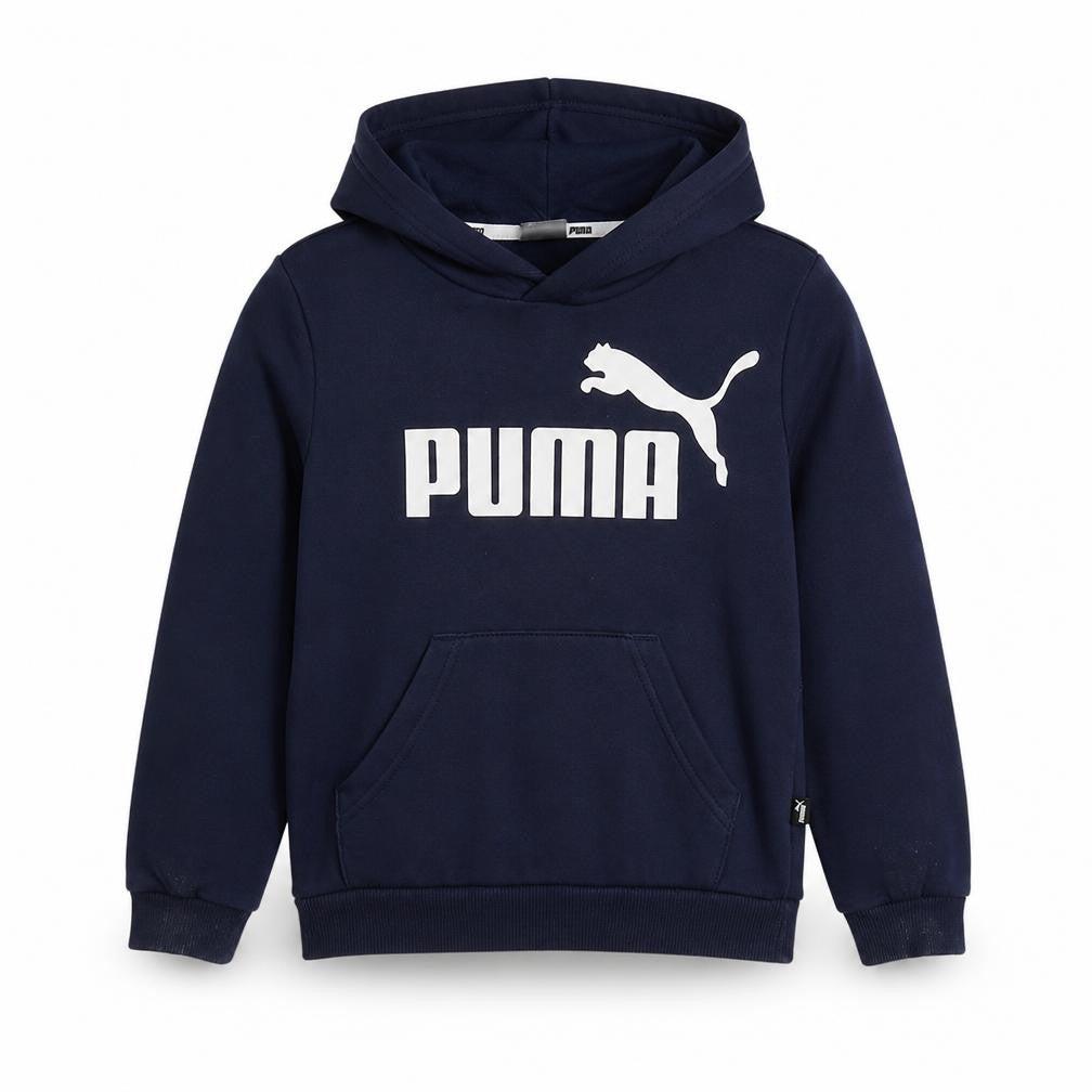 Front view of Puma boys’ navy blue pullover hoodie 7-8 years logo print cotton blend