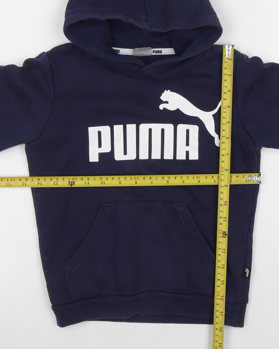 Puma Boys Navy Blue Pullover Hoodie 7-8 Years Logo Print Cotton Blend