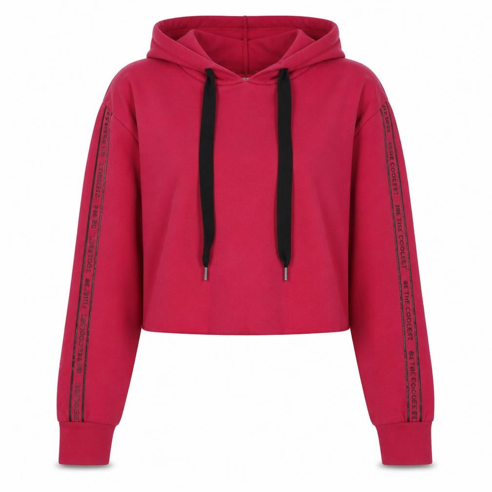 Front view of Bershka women’s red cropped hoodie, size S, startmoving drawstring casual