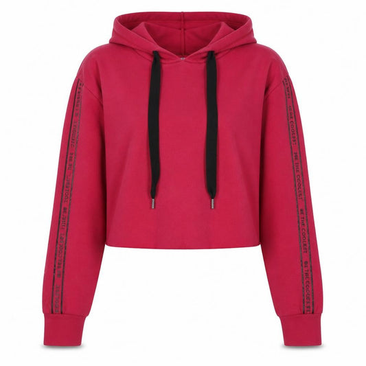 Front view of Bershka women’s red cropped hoodie, size S, startmoving drawstring casual