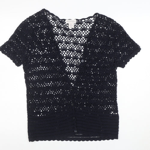 Northern Reflections Womens Black Crochet Cotton Short Sleeve Blouse S