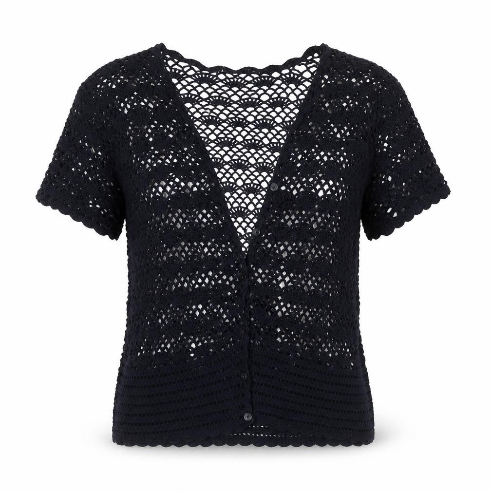 Northern Reflections Womens Black Crochet Cotton Short Sleeve Blouse S