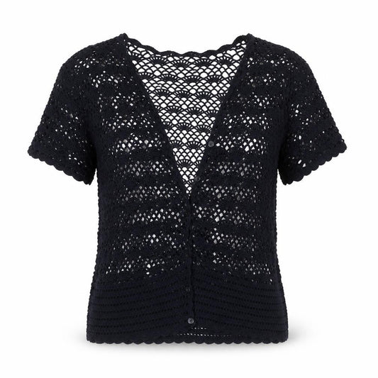 Front view of Northern Reflections women’s black crochet cotton short sleeve blouse s