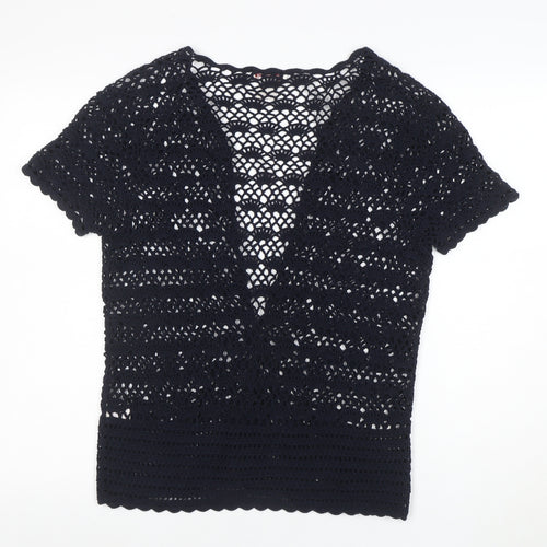 Northern Reflections Womens Black Crochet Cotton Short Sleeve Blouse S