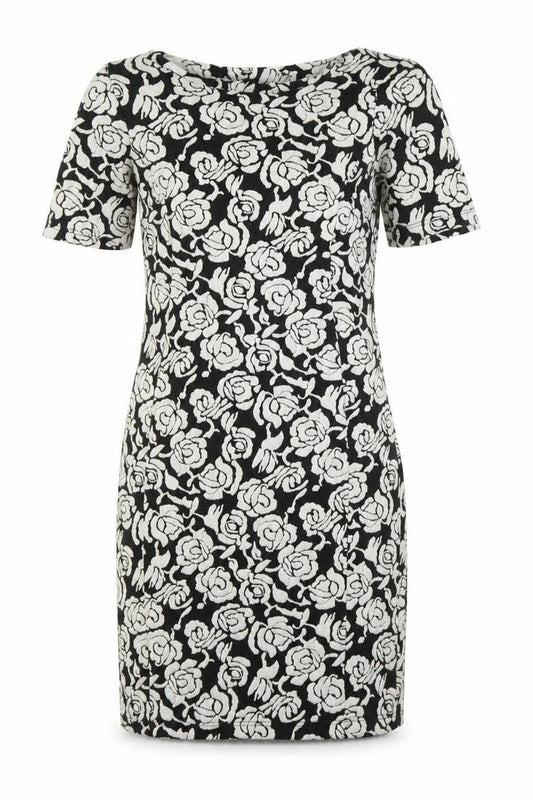 Front view of Wallis Women’s Black Floral Sheath Dress, size UK 10, Stretch Workwear
