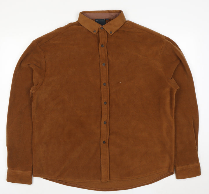 ASOS DESIGN Men's Brown Fleece Button-Down Jacket L 40in Polyester