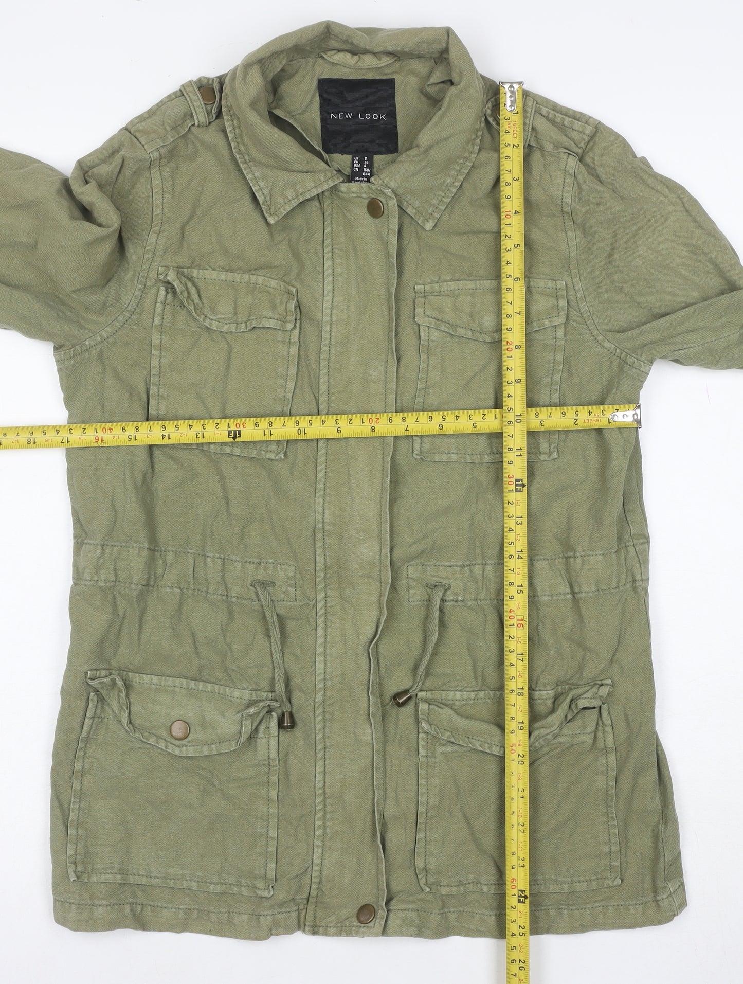 New Look Womens Green Military Jacket Size 8 Cotton Mid-Length
