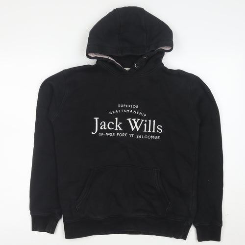 Jack Wills Boys Black Pullover Hoodie 14-15 Years Cotton Blend Logo