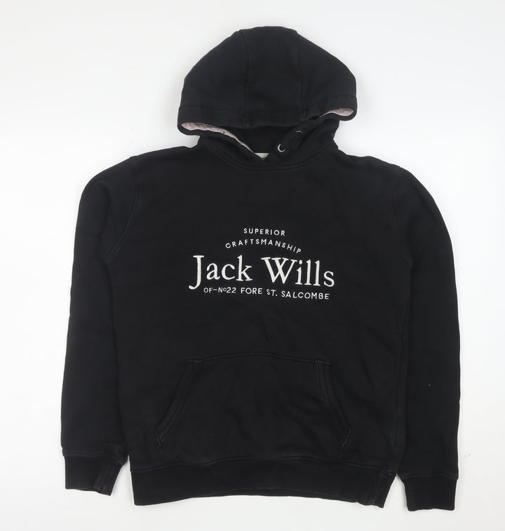 Jack Wills Boys Black Pullover Hoodie 14-15 Years Cotton Blend Logo