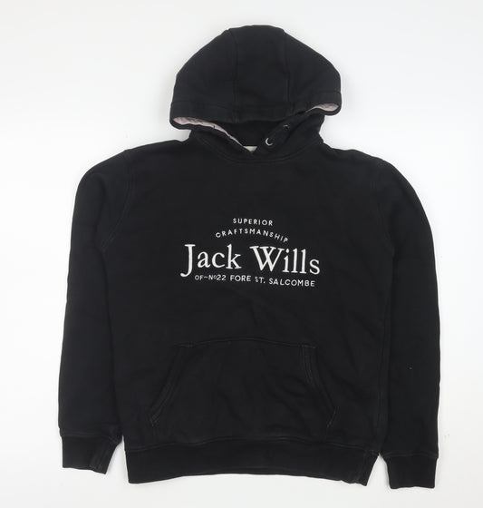 Jack Wills Boys Black Pullover Hoodie 14-15 Years Cotton Blend Logo