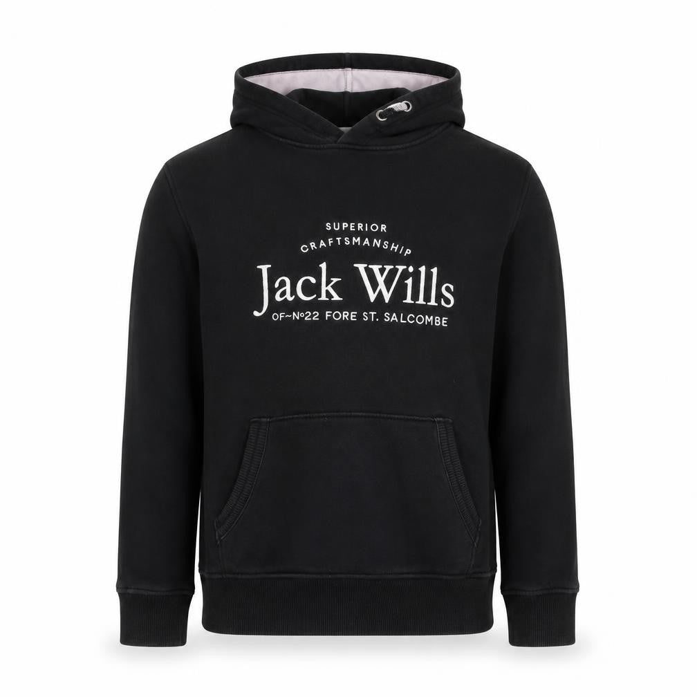 Front view of Jack Wills boys’ black pullover hoodie 14-15 years cotton blend logo