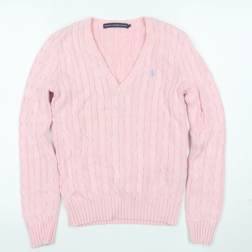 Ralph Lauren Sport Women's Pink Cotton V-Neck Cable Knit Jumper M