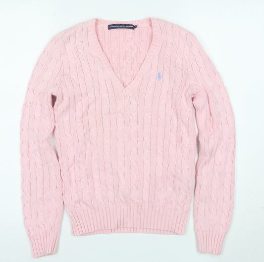 Ralph Lauren Sport Women's Pink Cotton V-Neck Cable Knit Jumper M