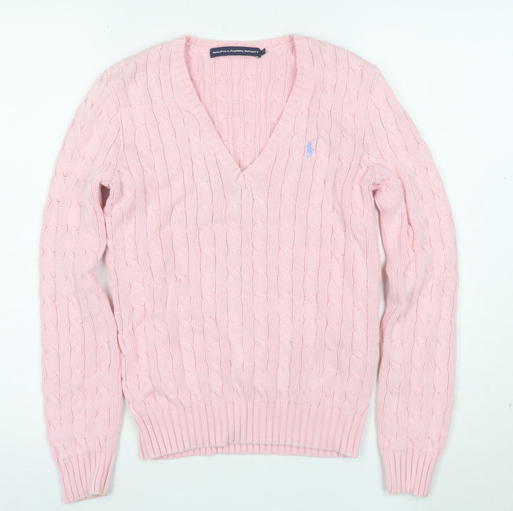 Ralph Lauren Sport Women's Pink Cotton V-Neck Cable Knit Jumper M