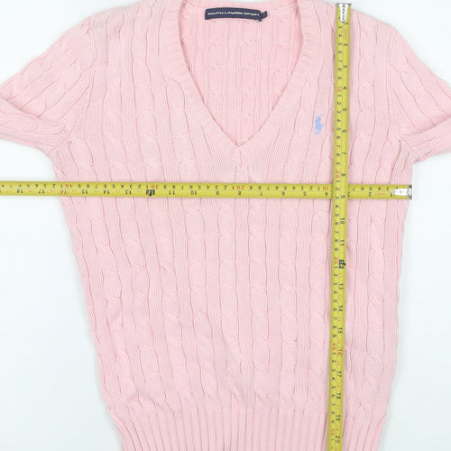 Ralph Lauren Sport Women's Pink Cotton V-Neck Cable Knit Jumper M